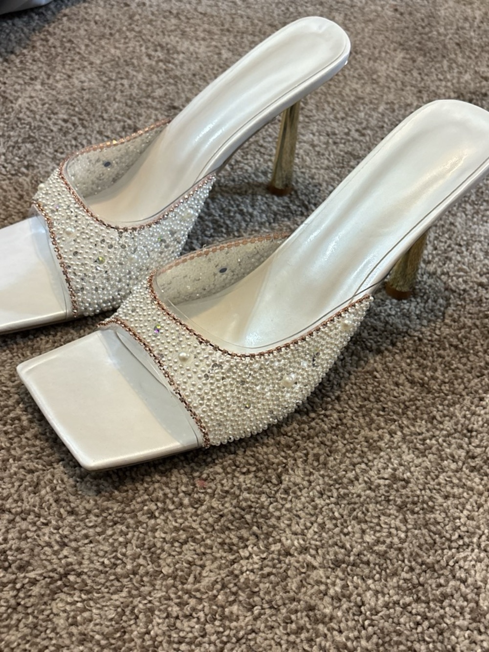 Embellished White Pearl Accent Heeled Mules